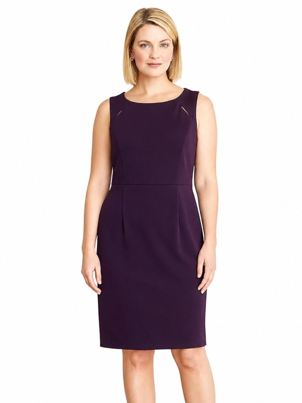 Kasper Plum Sleeveless Sheath Dress Size 10 – Elegant Cut-Out Neckline, Like New
